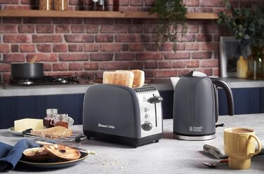 Тостер Russell Hobbs Colours Plus Edelstahl на 2 тости, сірий. З широкими слотами, підставкою для булочок, 6 режимів підсмажування, розморожуванням, функцією Lift & Look, 1600 Вт