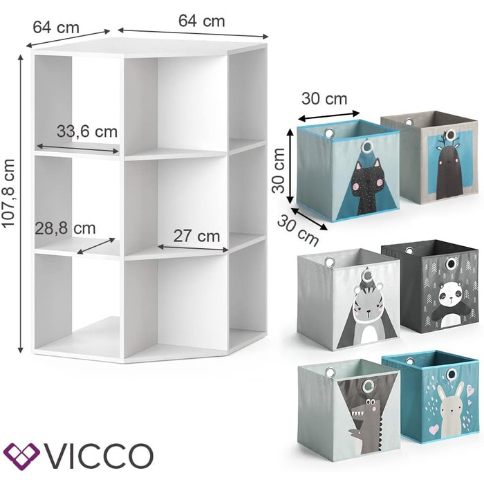 Дитяча полиця Vicco Luigi, біла, 64x107.8 см, з 6 складними коробами, варіант 2