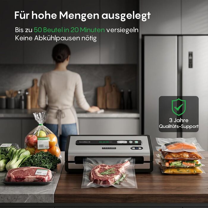 Вакууматор FRESKO AutoMax для продуктів, 140 Вт, 18 л/хв, з вбудованим різаком для пакетів, сріблястий