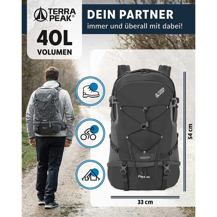Туристичний рюкзак Terra Peak Flex 40 л сірий – преміум, вентиляція спини, чохол від дощу, кріплення для питної системи, 3D Air Mesh, трекінговий рюкзак з поясом