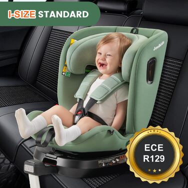 Дитяче автокрісло Jovikids 360° з ISOFIX, i-Size 40-150 см, від народження до 12 років, з функцією обертання, лежачим режимом, знімним козирком, стандарт ECE R129, зелений