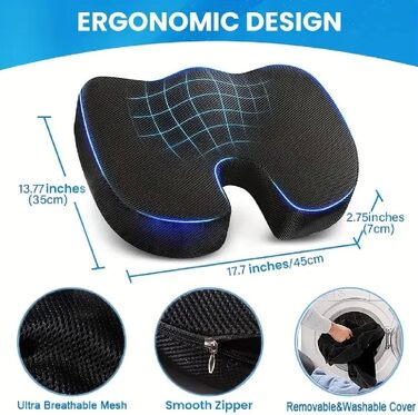 Ортопедична подушка для сидіння з піни Memory Foam: підтримка куприка та зняття болю при ішіасі (чорна). Для авто, офісу, дивана, інвалідного візка.