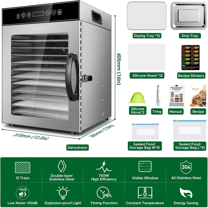 Сушарка для продуктів Kwasyo Edelstahl 750W, 12 ярусів, професійна, з таймером, регулюванням температури та захистом від перегріву + книга рецептів