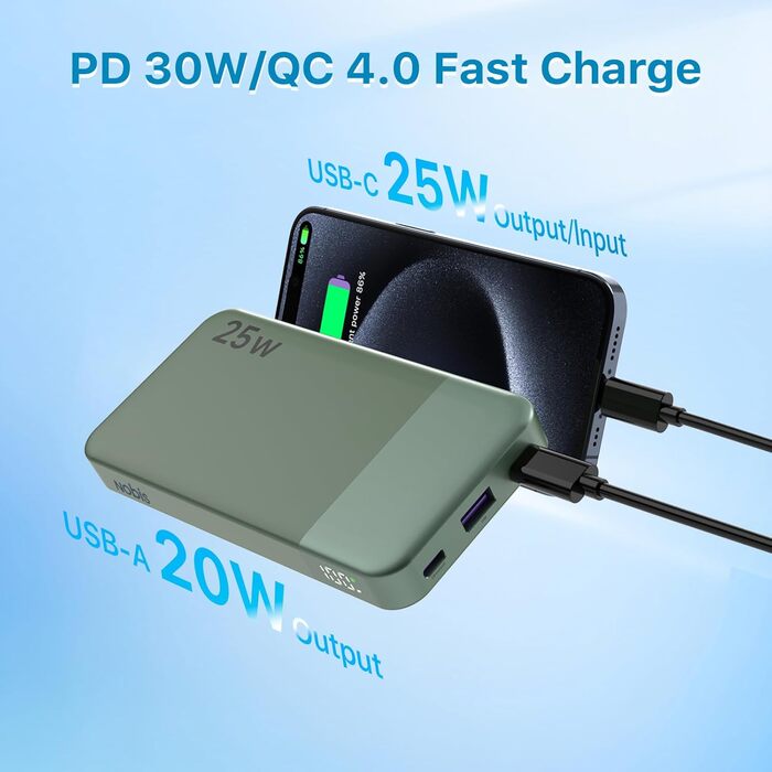 Power Bank NOBIS 10000mAh з цифровою індикацією, USB-C, швидка зарядка PD QC, 25W, зелений