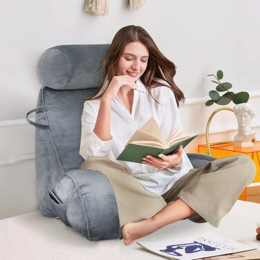 Подушка для читання MINGPINHUIUS XL для ліжка та дивана з знімною подушкою для шиї, ідеальна для дорослих, з піною з пам'яті для комфортного читання, роботи, ігор, перегляду телевізора та відпочинку (Сірий)