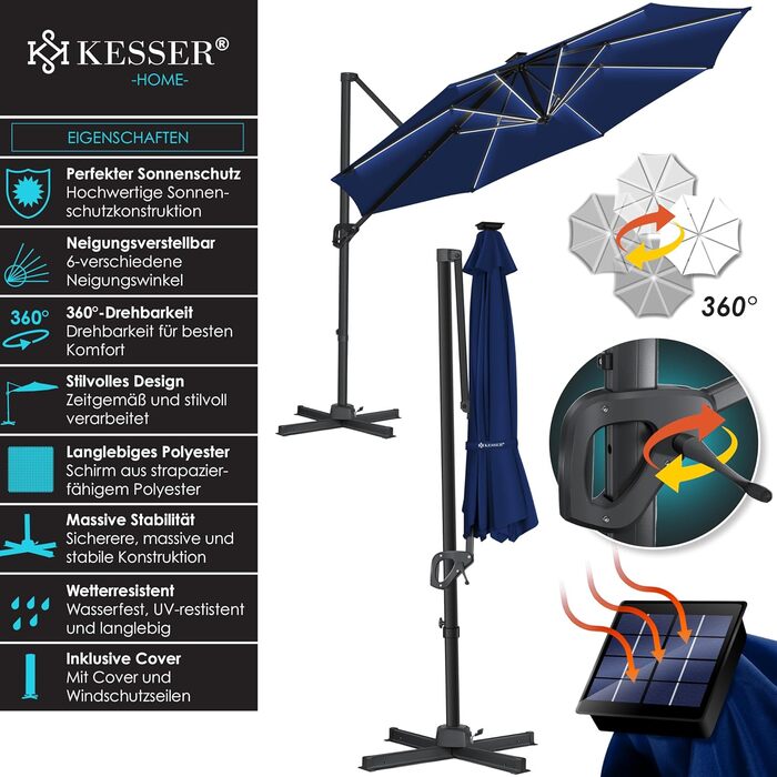 Сонячна парасолька KESSER XL 330 см з LED-підсвічуванням, сонячною батареєю, чохлом, вітрозахистом, 7-позиційним регулюванням, нахилом, обертанням 360°, для саду, з ручкою, захист від UV50+, темно-синя