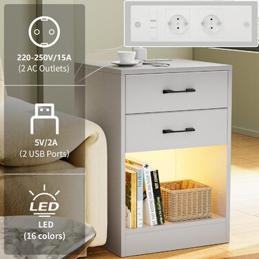 Комплект приліжкових тумб Lvhcmfohm з LED підсвіткою та розеткою, 2 шт, сучасний дизайн, 2 шухляди, для спальні чи вітальні, білий, 40x35x60 см