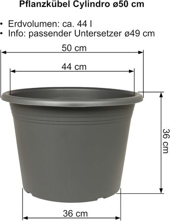 Квітчар/Горщик для рослин Cylindro, ø60 см + підставка ø58 см, стійкий до погодних умов, з UV-стійкого пластику (комплект горщик ø50 см + підставка ø49 см, антрацит)