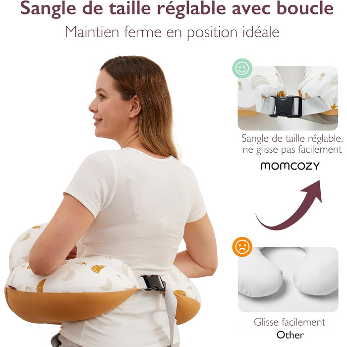 Подушка для годування Momcozy з захисним бордюром – ергономічна подушка для годування та підтримки з регульованим ремінцем та знімним бавовняним чохлом, дизайн "Метеоритний душ", "Місяць та зірки"