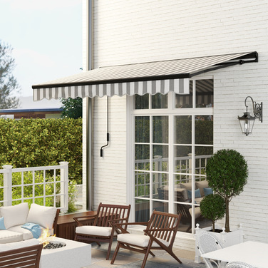 Електричний балконний тент Outsunny Folding Arm 395 x 250 см Захист від сонця із захистом від ультрафіолету, ручна рукоятка, регульована касетна маркіза з дистанційним керуванням, сірий+білий