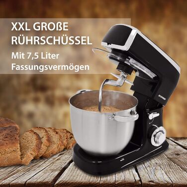 Кухонна машина Syntrox Germany 1500 Вт з м'ясорубкою, міксером, чашею з нержавіючої сталі 7,5 л, чорна