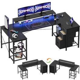 Ігровий кутовий стіл JUMMICO L-подібний 170x95 см з LED підсвіткою, регульованою підставкою під монітор, 3 шухляди, 2 розетки, 2 USB, сталевий каркас та стільниця з дерева (Чорний)