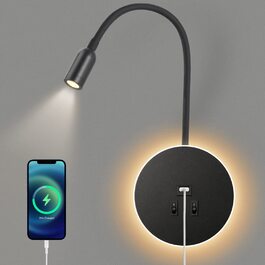 Світильник для читання Awekliy 3W+8W LED з гнучкою ніжкою, настінний, з USB-зарядкою, перемикачем, для спальні, ліжка, нічник, чорний, 3000K