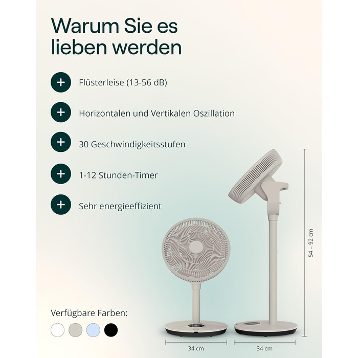Duux Whisper Flex 2 Smart Вентилятор: тихий (13 дБ), нічний режим, таймер, регульована висота (54-92 см), енергоефективний, з Wi-Fi та пультом (Greige)