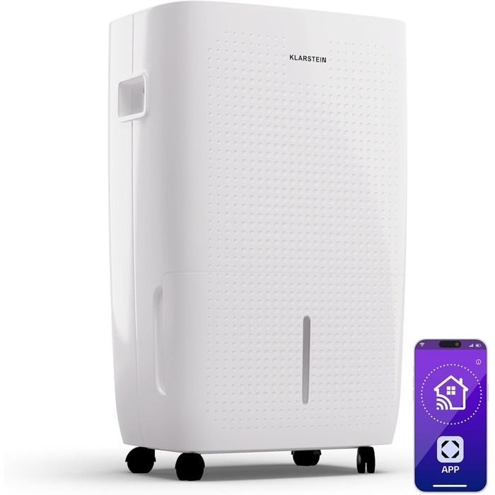 Klarstein DryFy Connect 60L: Розумний електросушар для повітря з Wi-Fi, 60 л/24г, 8 л бак, таймер, для приміщень до 65 м²