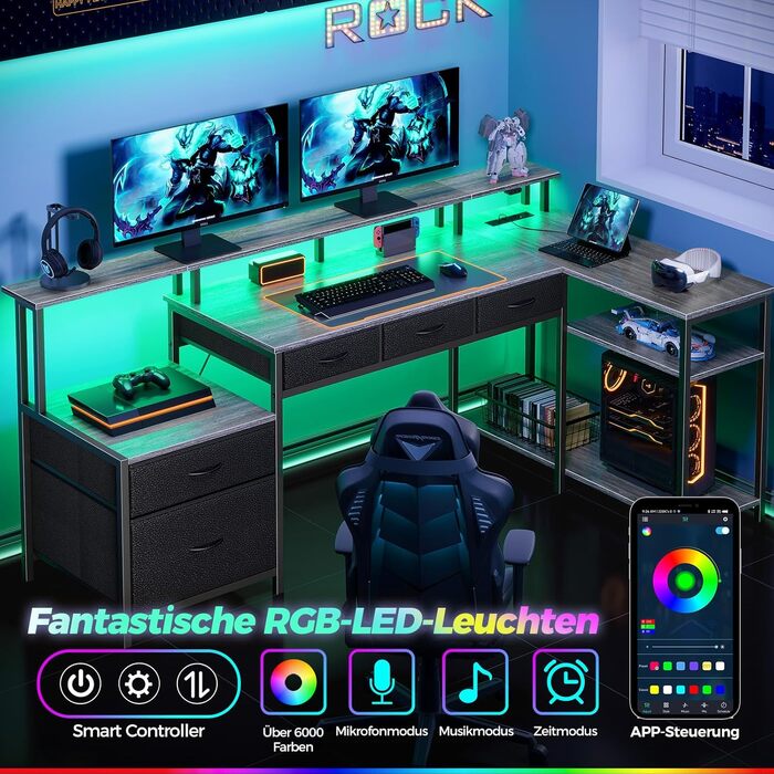 Кутовий ігровий стіл Rolanstar з шухлядами, розетка, LED, підставка під монітор 163 см, сірий - для дому, офісу
