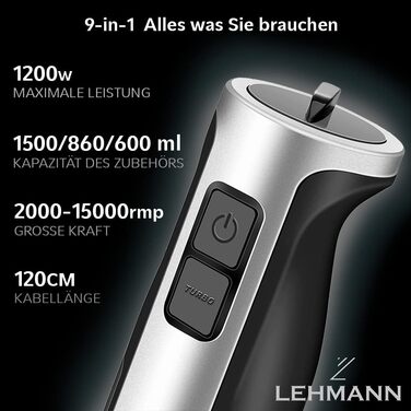 Занурювальний блендер Lehmann 1200 Вт з турборежимом, регулюванням швидкості та 9 аксесуарами, електричний багатофункціональний міксер для подрібнення та змішування