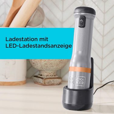 Акумуляторний ручний блендер BLACK+DECKER BCKM1011KGF з насадкою-подрібнювачем, склянкою 700 мл та зарядним пристроєм (7.2V, 5 швидкостей)