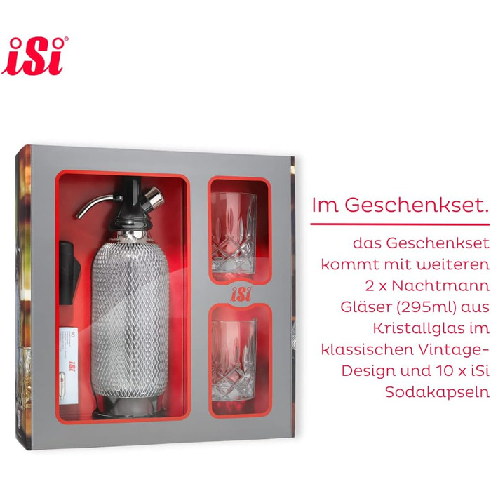 Сифон для газування води iSi Soda Maker Classic Geschenkset, 1 л, нержавіюча сталь, набір із 2 склянок і 10 капсул, барне приладдя для приготування содової води