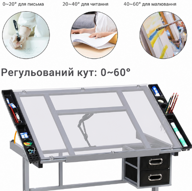 Регульований креслярський стіл Yaheetech з нахилом стільниці, 2 шухляди, для архітекторів, художників, офісний стіл 90×60 см