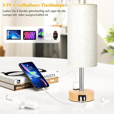 Настільна лампа Kakanuo з димером, сенсорним керуванням, USB-A+C, LED, комплект 2 шт., лляний абажур, для спальні, вітальні, офісу, бежевий колір