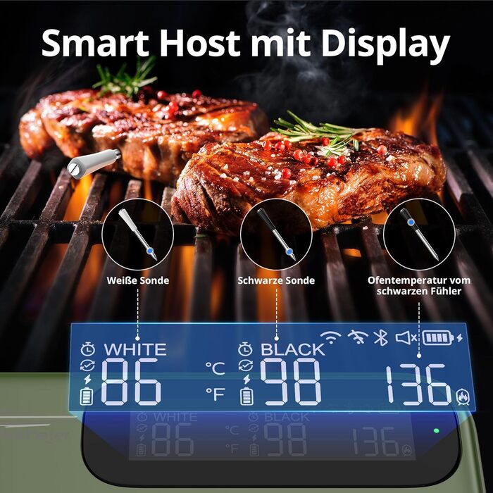Бездротовий термометр для м'яса з 2 зондами, Bluetooth 5.4, Wi-Fi, LED-дисплей, для приготування BBQ та кулінарії