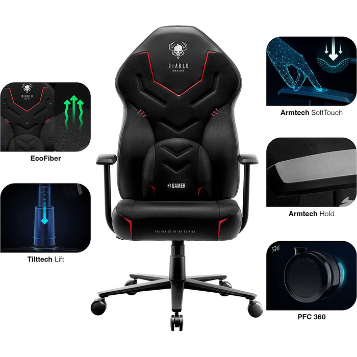 Ігрове крісло Diablo X-Gamer 2.0, тканина, ергономічне, з поперековою подушкою, м'якими підлокітниками, чорне, 128x68x55 см