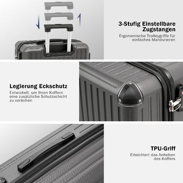 Валізи COOLIFE з ABS-пластику, жорсткий дорожній чемодан з TSA-замком, телескопічною ручкою та 4 подвійними колесами, набір валіз, сірий колір