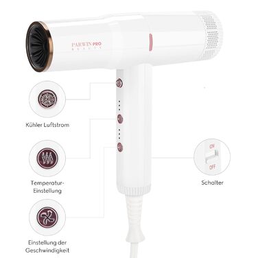 Професійний іонний фен PARWIN PRO BEAUTY з дифузором, 110 000 об/хв, безщітковий тихий мотор, 30 м/с повітряний потік, 3 швидкості і 3 температури, білий