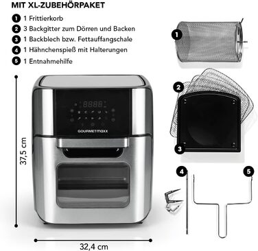 Електрична аерофритюрниця GOURMETmaxx 12 л, нержавіюча сталь, XXL, 1800 Вт, з таймером, сенсорним дисплеєм, 10 програм, для здорового приготування, чорна