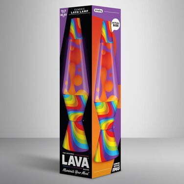 Лавова лампа LAVA Lampe (36.8 см) з ефектом руху кольорів, помаранчева та фіолетова рідина, друкована основа, модель #2090 Rainbow