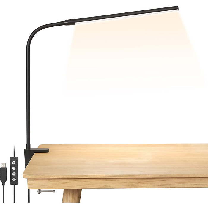 Lepro LED настільна лампа з прищіпкою, архітекторська лампа зі штангою, захист для очей, USB, 3 режими кольору, 10 рівнів яскравості, диммована, для офісу, чорна