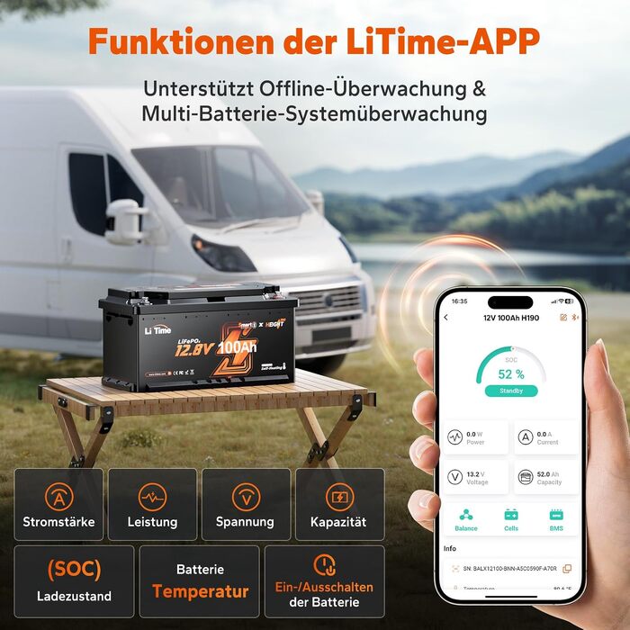 LiFePO4 акумулятор LiTime 12V 100Ah H190 з Bluetooth для кемпінгу та будинків на колесах, літієва батарея