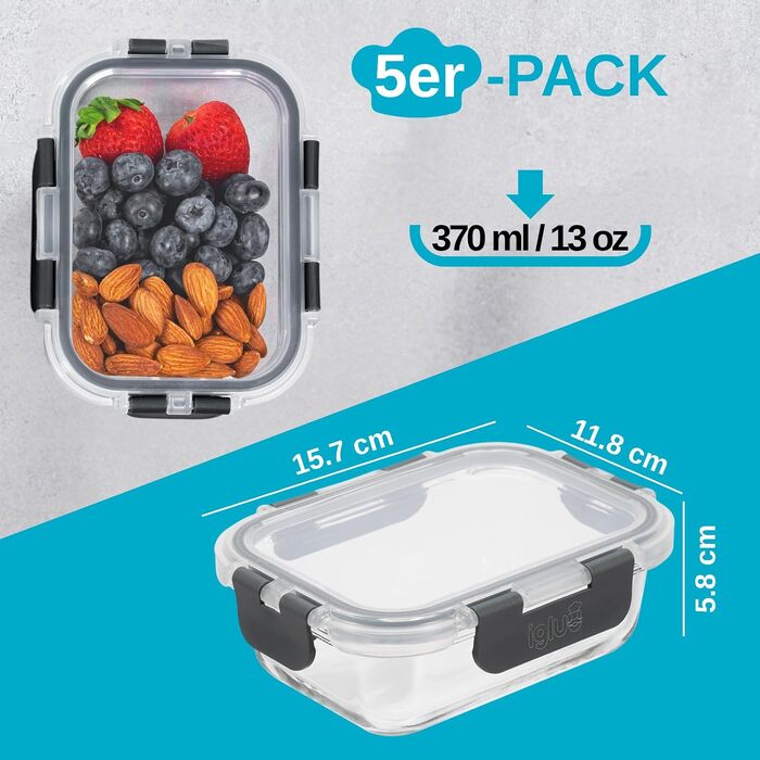 Набір скляних контейнерів для їжі Igluu Meal Prep (10 шт) — 370 мл та 1050 мл, герметичні ланч-бокси для зберігання продуктів