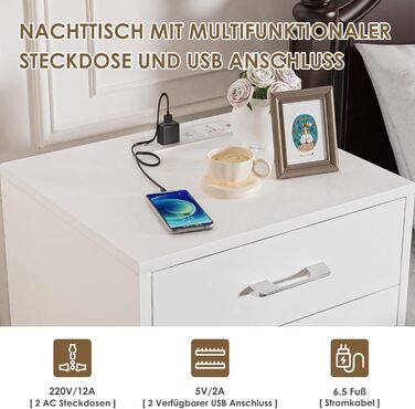 Набір з 2 білих приліжкових тумб PIPIPOXER з розеткою, USB, LED-підсвіткою (16 кольорів), 2 шухляди, для спальні, 40x35x60 см