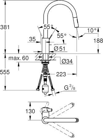 Змішувач кухонний GROHE Eurosmart Cosmopolitan з висувним душем, високий вилив, поворотний на 360°, економія води, хром (31481001)