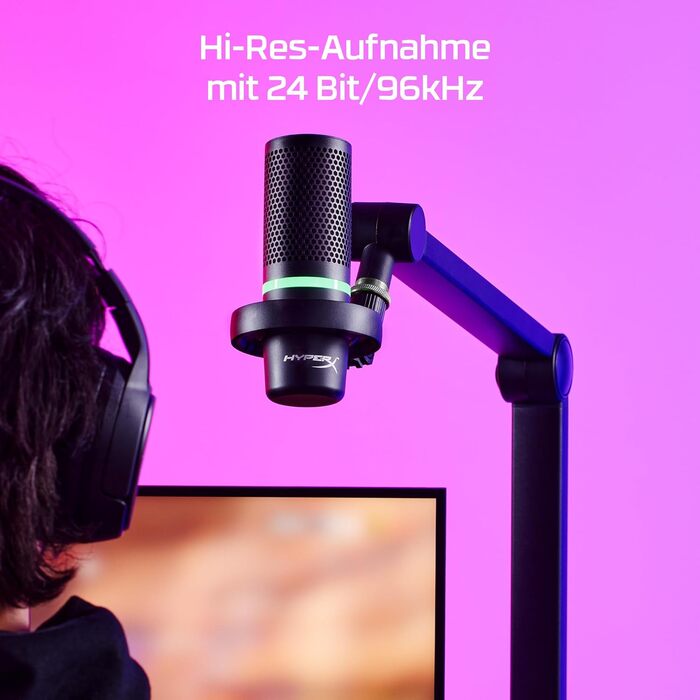 HyperX DuoCast USB конденсаторний мікрофон з RGB підсвіткою, вбудованим поп-фільтром, антивібраційним кріпленням, регулюванням підсилення, сумісний з ПК, PS5, PS4, Mac, чорний