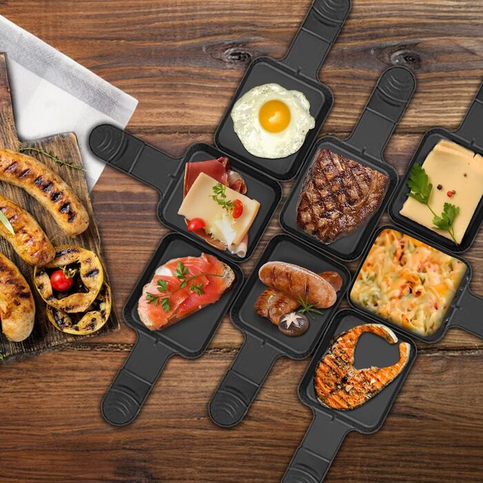 Електричний гриль для фондю Raclette на 8 осіб з антипригарним покриттям, 1500W, з 8 міні-сковорідками та 4 дерев'яними шпателями, регульована температура, нержавіюча сталь 44 x 30 x 16 см