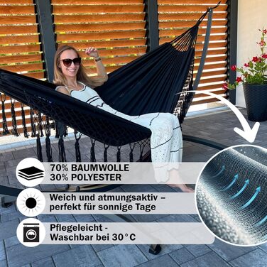 Гамак подвійний Potenza Outdoor з металевим каркасом для 2 осіб, бавовна XXL 220x160 см, до 200 кг, чорний (Santia) / сірий каркас, стійкий до погодних умов