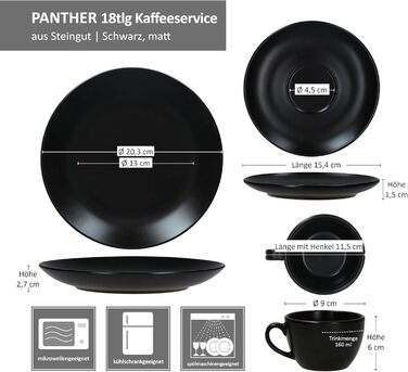 MamboCat Panther - 18-ти частинний кавовий сервіс, чорний матовий фарфор, на 6 осіб, 160 мл, 6 чашок, 6 підставок, 6 тарілок