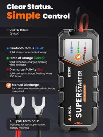Бустер для автомобіля ANCEL BS200: автоматичний пусковий пристрій (Jump Starter) з конденсатором, 700А, монітор стану та підтримка акумулятора, чорний