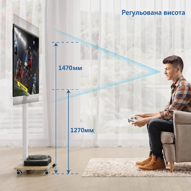 Підлогова стійка для телевізора FITUEYES на колесах з дерев'яною полицею, регульована висота і кут, для телевізорів 32–70 дюймів, до 40 кг, VESA 400x600