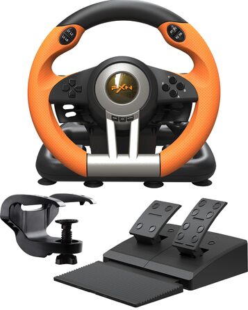 Ігровий кермо PXN V3 Pro з педалями, 180° поворот, вібрація, перемикачі на кермі та педалях - для PC, PS4, PS3, Xbox, Nintendo Switch (Помаранчевий)