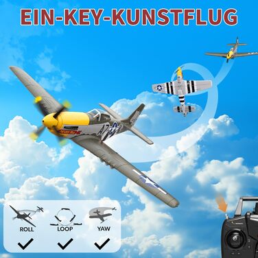 RC літак HAWK'S WORK P-51D Mustang 2.4GHz - Готовий до польоту, 6-осьовий гіростабілізатор, для дітей та початківців (зелений, безщітковий)