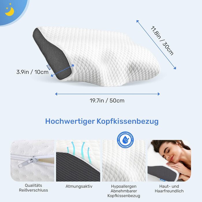 Ортопедична подушка Derila Queen Size з піни Memory Foam для бокового, спинного та переднього сну