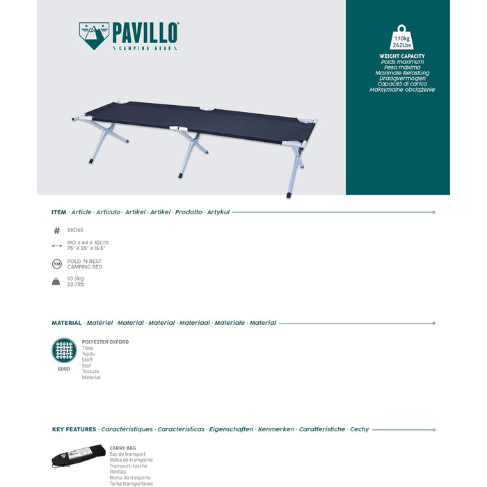 Розкладне польове ліжко Bestway Pavillo Fold N Rest 190x64x42 см для кемпінгу