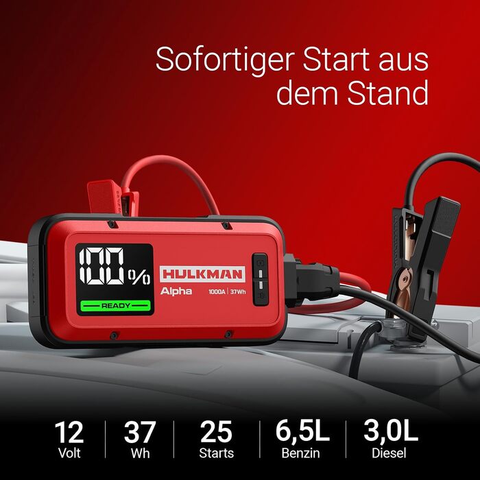 Бустерний пускач HULKMAN Alpha Ultra Red 1000A 37Wh для авто 12В, портативний jump starter для бензинових (до 6.5L) та дизельних (до 3.0L) двигунів, IP65, LED-дисплей