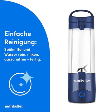 Портативний блендер nutribullet, 475 мл, BPA-free, багатоцільовий, USB-C зарядка, понад 15 циклів змішування, синій
