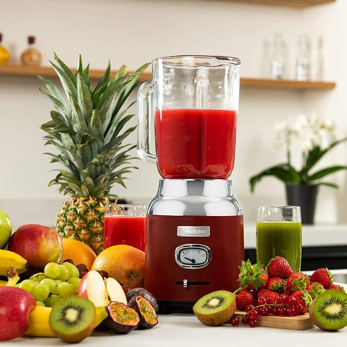 Кухонний блендер Westinghouse Retro, 1.5 л, скляна чаша, 600 Вт, 3 швидкості, імпульсний режим, 6-лезове ножі, нержавіюча сталь, BPA free, червоний