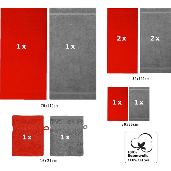 Набір рушників Betz Premium з махри, 10 шт. – 2 банних, 4 для рук, 2 гостьових, 2 для обличчя, 2 рукавиці, червоний і антрацит